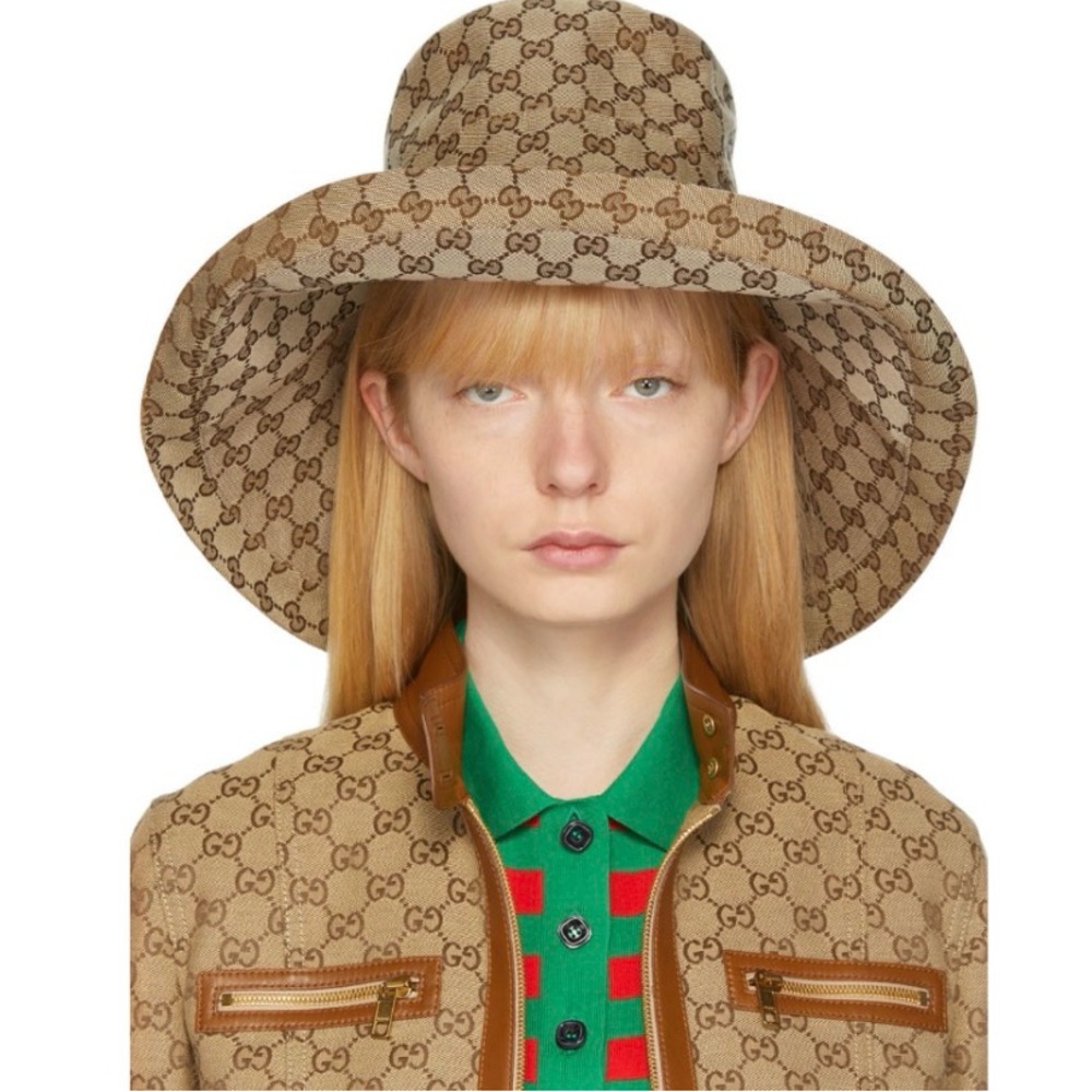 Gucci Beige GG Monogram Bucket Hat Wide Large Brim Jacquard Beige Tan Canvas - Picture 3 of 16